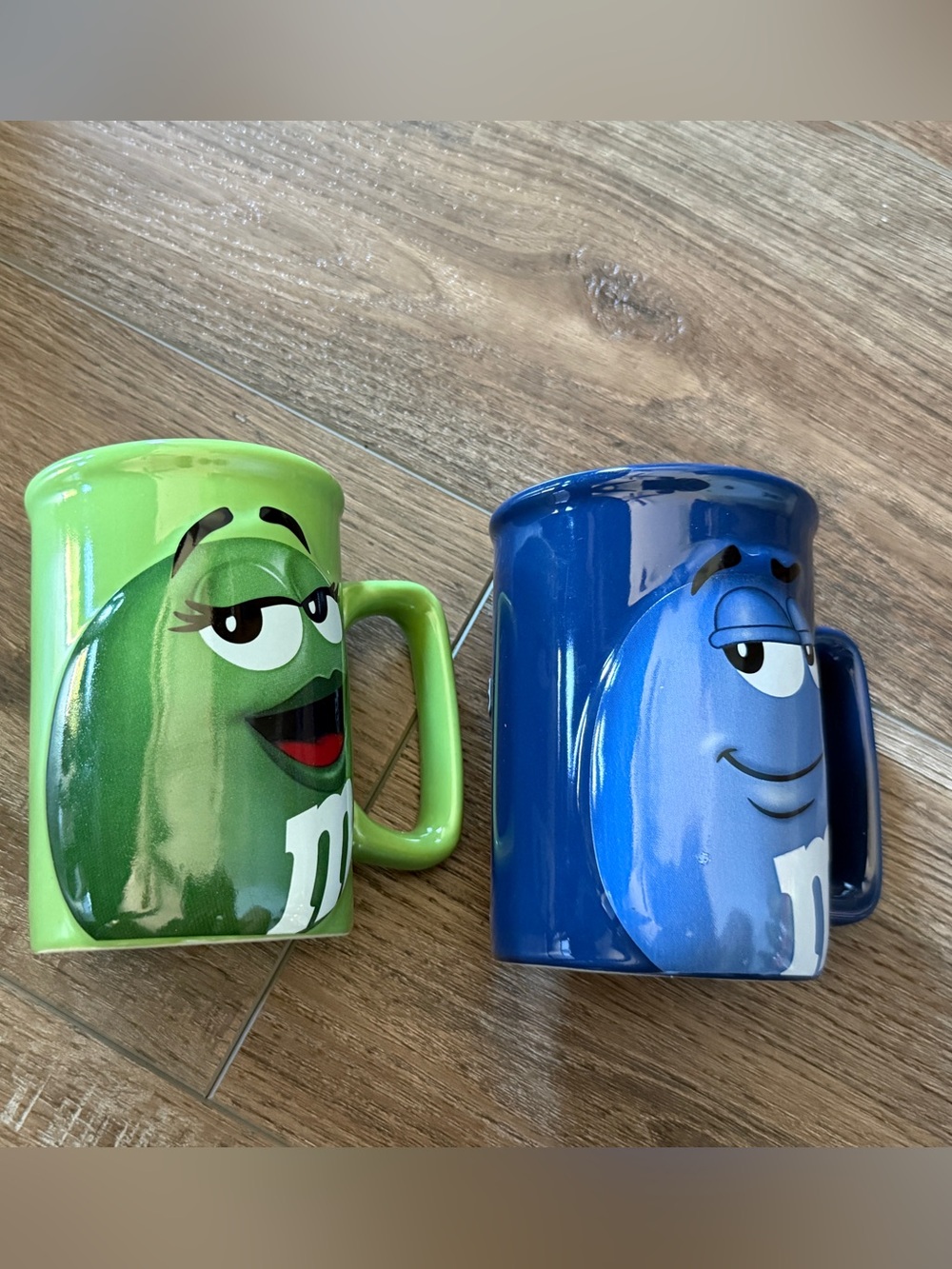 M &M's Coffee Mugs Set of 2 Green & Blue 2008 Mars Inc Collectable Cups